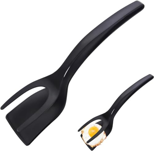 Spatule à omelette 2 en 1, spatule à oeufs antiadhésive avec pince alimentaire, spatule à oeufs en silicone, spatule à oeufs en silicone antiadhésive, outil de cuisine multifonctionnel (noir)