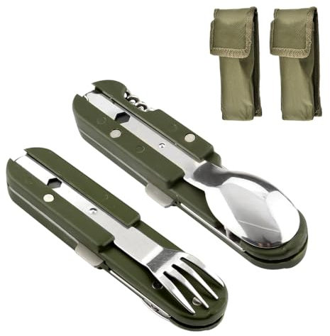 KUWUNG Outdoor Bundeswehr Besteck, 2 Stück Edelstahl Campingbesteck Essbesteck Set, Camping Besteckset, 6 in 1 Outdoor Campingbesteck Set - für Camping und Outdoor