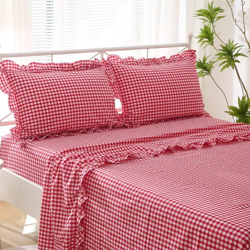 K MASANIJI Rot-Weißes kariertes Rüschen-Bettwäsche-Set, 4-teilig, Fadenzahl 300, 100 % garngefärbte Baumwolle, tiefe Taschen, Bauernhaus-Gingham-Muster, dekoratives Bettwäsche-Set (rot/weiß)