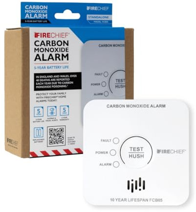 Carbon Monoxide (CO) Alarm - 5 Year Life Replaceable Battery - 2 x AA Batteries Supplied - For Rooms That Contain a Fuel Burning Appliance Including Boilers, Heaters, Cookers - Firechief FCB05 Model
