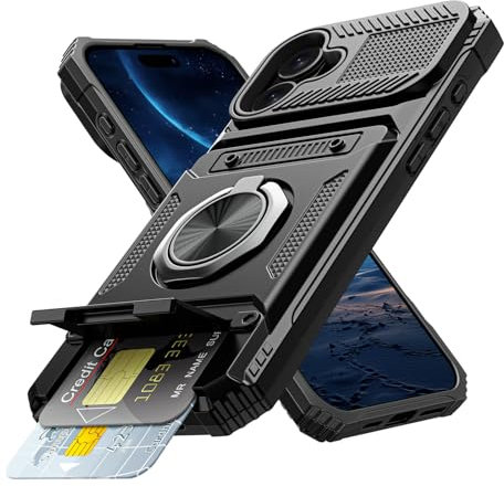 Coolden for iPhone 16 Case with Card Holder [Max 2 Cards] Ring Holder Kickstand Armor Shockproof Military Grade Dual Layer Heavy Duty Protective Case Wallet Case Cover for iPhone 16 Phone Case-Black