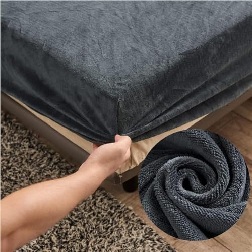 Samt Spannbettlaken 90x200 cm Warm Winter Frottee Spannbetttücher, Highdi Microfleece Flausch Dunkelgrau Spannbetttuch 90 x 200 Boxspringbett Bettlaken für Hohe Matratze Steghöhe 25-30cm