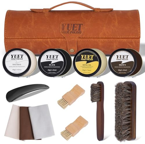 YUET Kit pour Cirage de Chaussures avec étui en Cuir PU, Kit d'entretien et Cirage de Chaussures de Voyage 13 pièces, Marron