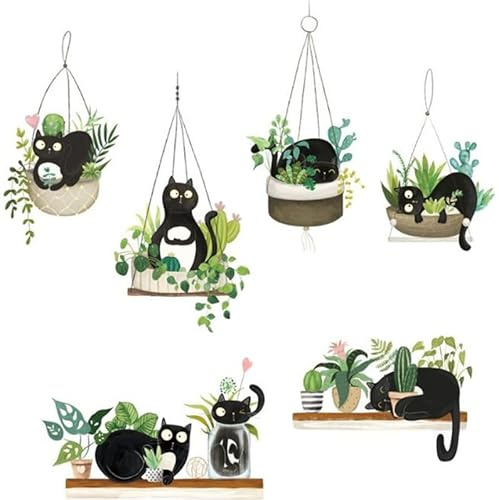 Schwarze Katze Aufkleber, Grüne Topfpflanze Wandaufkleber, Abnehmbare Kunst Vinyl Türaufkleber für Schlafzimmer Wohnzimmer Büro Dekoration (1#)