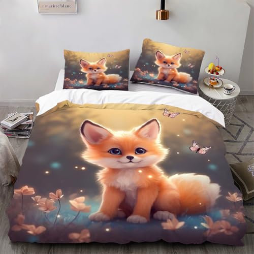 Ruiqieor Bettwäsche 135x200cm,Süßes Fuchs Motiv Bettwäsche-Set Baumwolle Mikrofaser 1 Bettbezug + 2 Kopfkissenbezug 80x80cm mit Reißverschluss(#4)
