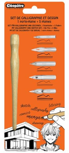 Cléopâtre - Portaplumas con 5 plumas para Caligrafía y Dibujo - Aplicación de tinta para Manga, Ilustraciones, Comics, Lettering, Escritura - Acero Inoxidable