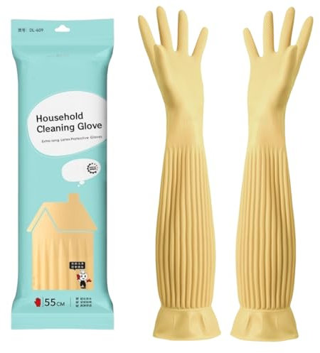 Qilerongrong di Guanti in Gomma per Lavare i Piatti in Cucina, Guanti di gomma lunghi, guanti da piatto, guanti di pulizia in gomma guanti da piatti riutilizzabili impermeabili (Giallo, 55cm L)