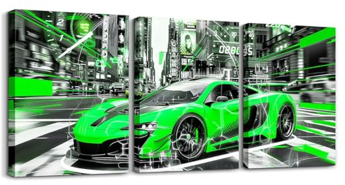 Loussiesd Geschwindigkeit Sportwagen 3er Poster Set für Wohnzimmer Rennen Auto Büro Wandbilder für Extreme Sport Auto Bad Leinwandbilder Automobil Rennwagen Grün Grau