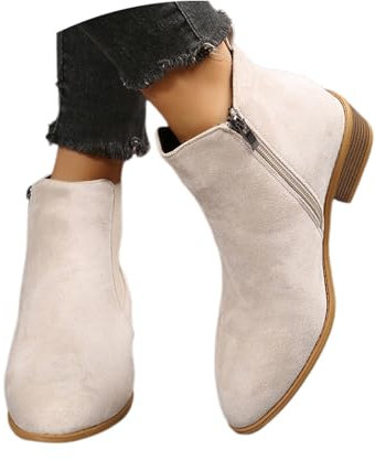 MEECHI Ankle Boots Damen Chelsea Kurze Stiefel Mit Blockabsatz Vintage Wildleder Spitz Stiefeletten Herbst Winter Warme Booties Für Booties Freizeit Knöchel Schuhe Mit Reißverschluss(Beige,39 EU)