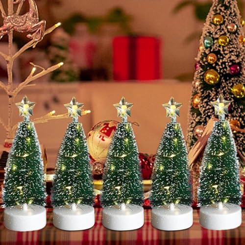 Mini Künstlicher Weihnachtsbaum mit LED Lichterketten Weihnachtsdeko Tisch Tannenbaum Klein Miniatur Christmas Tree mit Beleuchtung Tabletop Christbaum Weihnachtsbäume Weihnachten Tischdeko (Warm/5PC)