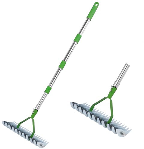 MEKOTRIN Garden Rake Heavy Duty, Thatch Rake for Gardening, Lawn Levelling Raker Leaf Grabbers with Steel Teeth Detachable Handle for Removing Dead Grass Debris Yard Garden
