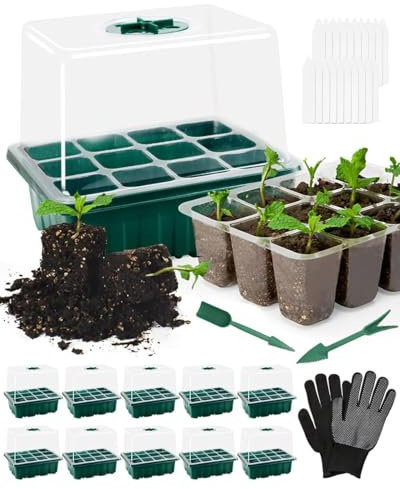 BIQIQI Bandejas de Semillas 10 pcs 120 Agujeros Cultivo de Invernadero con Tapa y Ventilación, Caja de Cultivo de Mini Invernadero Interior con Guantes y Etiquetas, para Planta de Semillero