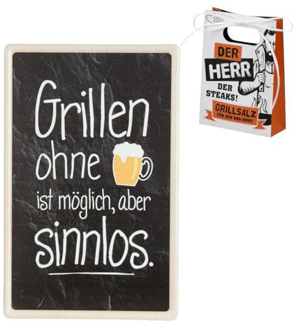 CULT at home 2teiliges Grillgeschenk Männer - Deko Metallschild mit Spruch: Grillen ohne Bier Dekohänger 19 x 30 cm - Grillsalz Grillkräuter - Biergeschenk Geschenk Vatertag Geburtstag