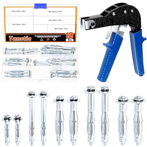 Tanstic 19Pcs Heavy Duty Wall Anchor Gun with Molly Bolts, 5 Sizes Zinc Alloy Hollow Drive Wall Anchor Screws Wall Anchor Setting Tool for Drywall Plaster Sheetrock