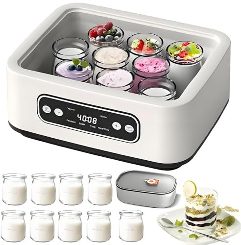 Yaourtière électrique Multifonction 1,6 L avec 9 Pots en Verre et cuve en Acier Inoxydable, minuterie 12 h, pour yaourts Bio et Desserts