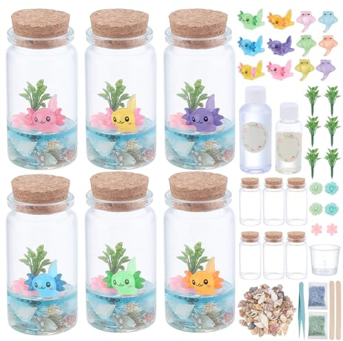 WEBEEDY 6 Sets Sea Animal Terrarium Kit DIY Glass Bottle Axolotl Craft Kit Miniature Axolotl Habitat Decor Resin Tank Ornaments for Home Bedroom Party Decor Arts & Crafts Figure Birthday Gift
