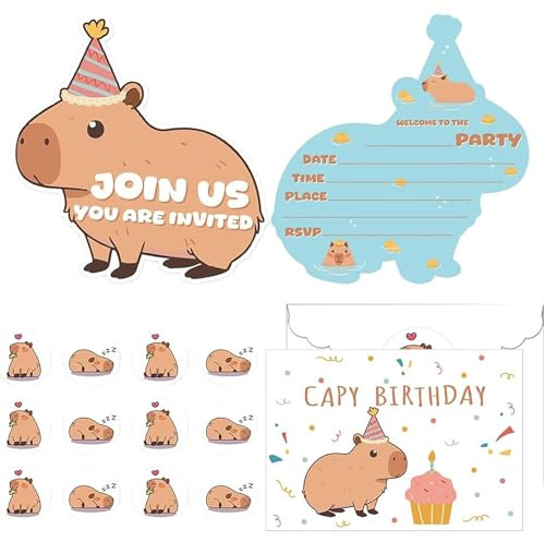 Gleemix 12 Pcs Capybara Geburtstagseinladungen, Capybara Geburtstag Einladung Lustige Wasser, Capybara Einladungskarten Für Kindergeburtstag Mit Umschlägen und Aufklebern, Partydeko Set Im Tier Design