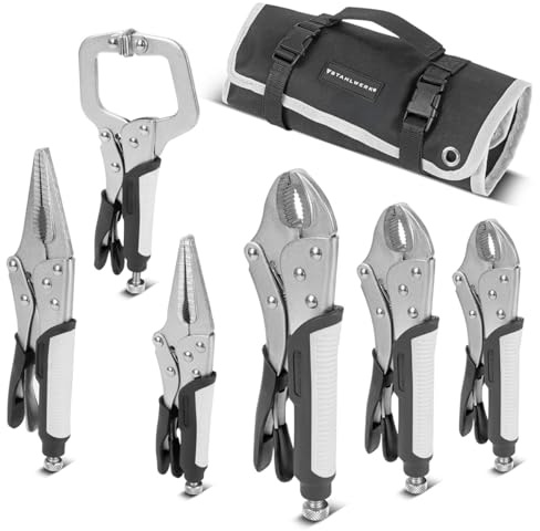 STAHLWERK Gripzangen Set 6-teilig Langbeck-Gripzangen 127–254 mm | Klemmbereich einstellbar, gebogene Backen, C-Klemme 152 mm, ergonomische TPR-Griffe, 165/241 mm Langbeckzangen