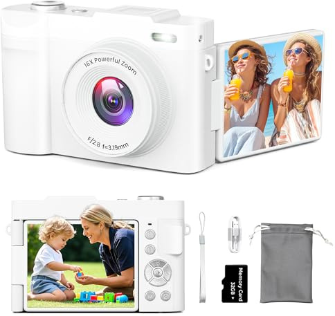 4K Digitalkamera für Fotografie, kleine Vlogging-Kamera mit Flip-Bildschirm für YouTube, 50MP 16X Zoom, tragbare Reisekameras mit 32GB SD-Karte für Anfänger (Weiß)