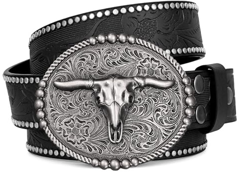 Westlicher Gürtel für Frauen Männer Cowboy Cowgirl Neuheit Schnalle Gürtel | 3.8cm geprägter Gürtel, Texas Longhorns Gürtelschnalle, klassischer westlicher Stil, für Rodeos, Kostüm Party, Geschenke