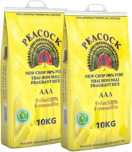 Peacock Thai Hom Mali Jasmine Rice AAA 100% Pure New-Crop, Fragrant Long-Grain, Soft & Fluffy Texture, Authentic Product of Thailand, 10 kg Bag (Pack of 1) (Pack of 2)
