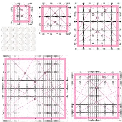 Evadollina Juego de 5 Reglas para Acolchado, Juego de Geometría Grande, Regla de Patchwork y 24 Adhesivos Antideslizantes, Regla de Costura Rosa, para Uso Múltiple (2,5/3,5/5/6/8 Pulgadas)