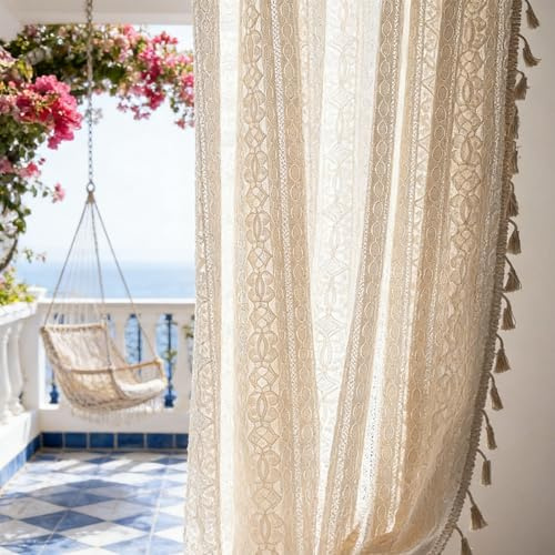 EUBSWA Vorhang Boho Häkeln Vorhänge 2er Set aus Baumwolle - Vintage Landhausstil mit Quaste, 150x160 cm Beige, für Wohnzimmer, Schlafzimmer & Outdoor (Beige-2)