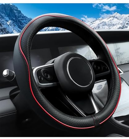 Flaconi Auto Lenkradbezug,Lenkrad Bezug Lenkradschutz,mit Rutschfester Linie,Auto Zubehör Innenraum,Geeignet für Lenkräder mit Einem Außendurchmesser von 37 bis 38 cm (Schwarz-Rot)