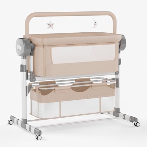 Höhenverstellbares Beistellbett mit elektrischer Schaukelfunktion, Khaki | Elektrische Wiegefunktion, praktische Rollen, hochwertige Matratze im Lieferumfang enthalten
