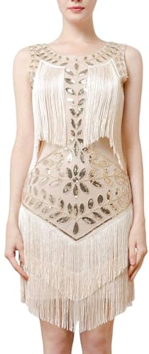 Vhersily 2026 Kleider 20er Jahre Damen mit Pailletten und Fransen 1920s Kleid Charleston Mottoparty Flapper Dress Mittelalterlicher Stil Cosplay für Erwachsene Karneval Clubwear Disco Party, beige, M