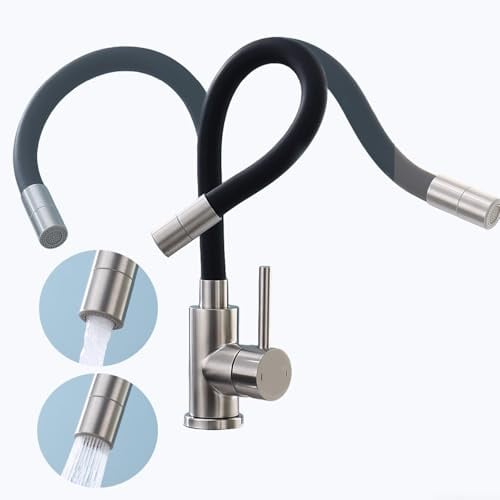 Fandipitous Grifo Cocina Flexible Negro, Grifos Cocina Fregadero con 2 Tipos de Chorro, Grifo de Cocina de Alta Presión, Giratorio 360°, Monomando de Acero Inoxidable