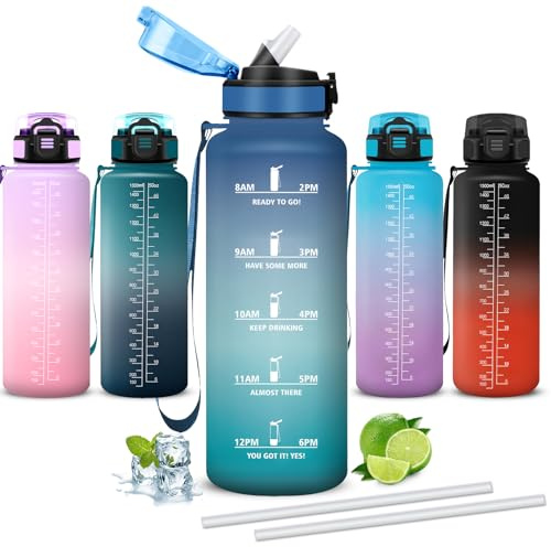 Mujigaga Botella Agua- 1 5 litros- Botella Agua Gimnasio, A Prueba de Fugas, Cantimplora con Pajita, Water Bottle con Eslogan Motivador, Cantimplora para la Yoga, Senderismo, Triatlón, Deportes