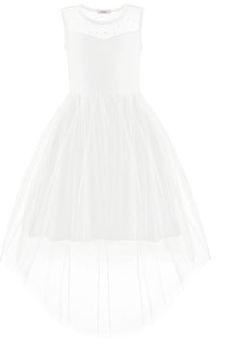Arshiner Girls Summer Sleeveless Tulle Party Dress with high-Low Hem | Girls' Dress sleeveless tulle dress for parties and weddings, featuring a contrasting mesh insert, high-low hem, and belt.