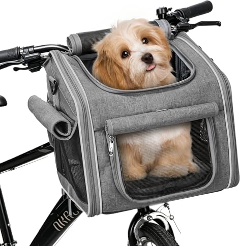 Hundekorb Fahrrad Vorne bis 5kg, 4-in-1 Hundekorb für Fahrrad, Faltbarer Atmungsaktiver Hundefahrradkorb, Erweiterbarer Hunderrucksack, Haustier-Reisetasche für Katzen und Hunde