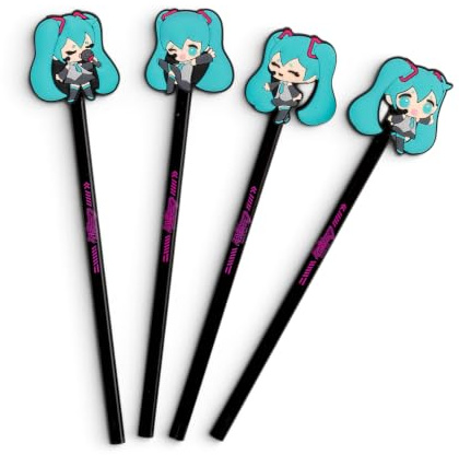 Puckator Hatsune Miku-Bleistift mit PVC-Aufsatz, cooler, niedlicher ästhetischer Schulbedarf, radierbare Gelstifte, Stift mit Radiergummi, für Kinder, Büro, Schreiben, Zeichnen