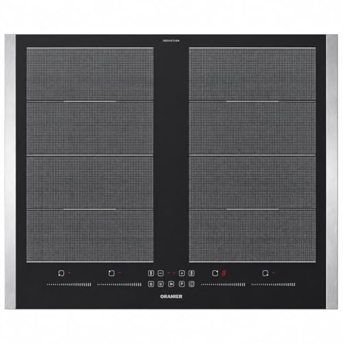 Oranier Induktionskochfeld 60 cm Glaskeramik Matt mit 2 Edelstahl Seitenleisten - Flächeninduktion autark - 4-fache Slider-Bedienung, Pausenfunktion, Booster und Brückenfunktion rechts & links