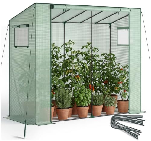 tectake® Serra da Giardino 200x77x170 cm, Copertura Retinata, Telaio in Acciaio, Resistente Intemperie e UV, 2 Finestre Laterali, Porta Avvolgibile, Serra per Orto, Giardinaggio, Piante - Verde