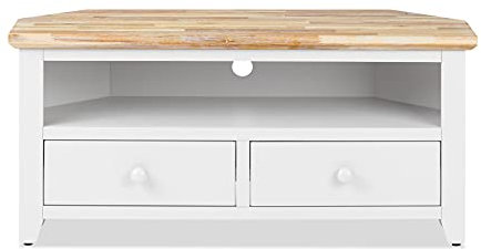 Florence white TV corner unit with 2 drawers. Quality corner TV cabinet with shelf and cabel access.