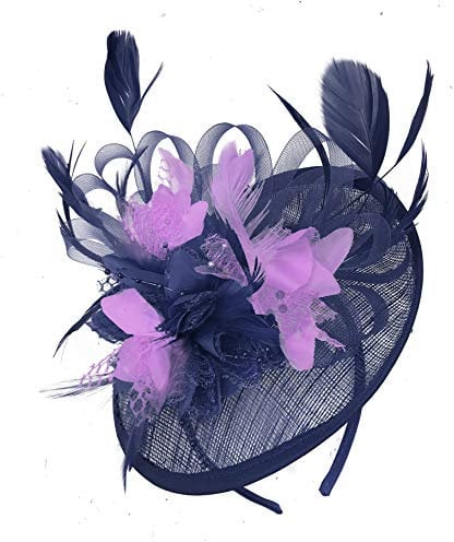 Caprilite Navy Blue and Lilac Sinamay Disc Saucer Fascinator Hat for Women Weddings Headband