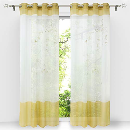 HongYa 1 Stück Bestickte Gardine Transparenter Voile Vorhang Ösenschal H/B 270/140 cm Sand