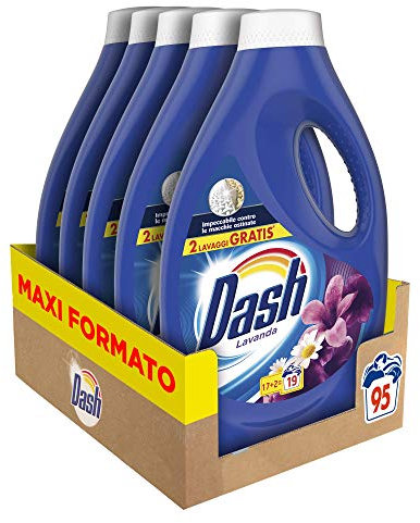 Dash Detersivo Lavatrice Liquido, 95 Lavaggi (5 x 19), Lavanda, Maxi Formato, Pulizia Profonda