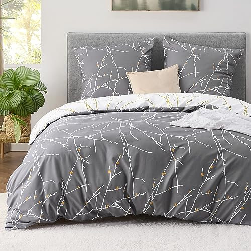 BEDSURE Bettwäsche 220x240 3teilig Bettbezug - Bettwäsche-Sets 220 x 240 cm mit 2 Kissenbezüge 80x80 cm, ÖKO-TEX Wendebettwäsche Bedding Muster Grau Zweige für Doppelbett mit Reißverschluss