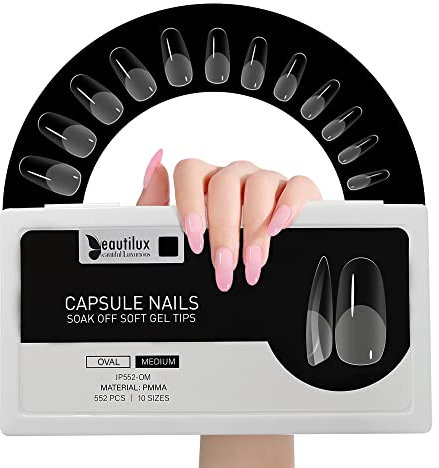 Beautilux Capsule Americaine Ongle Ovale Moyen, Capsules Ongles Oval Medium Transparente Acrylique 552 Pièces 12 Tailles, Soak Off Faux Ongles Pose Americaine Pour Manucures à Domicile