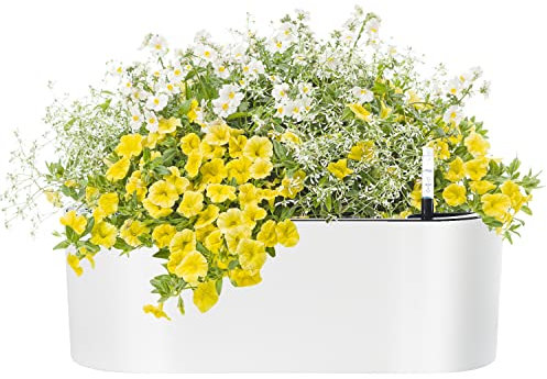 SAROSORA Selbstbewässernder Übertopf mit Wasserstandsanzeigern für Pflanzen und Blumen, 40,6 cm, oval, für den Innen- und Außenbereich, Sukkulenten, Kräutertöpfe, Fensterkasten (1, oval, weiß)