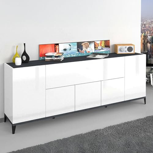 Dmora - Buffet Vittorio, Buffet de Cuisine 6 Portes, Buffet de Salon, 100% Made in Italy, 200x40h82 cm, Blanc Brillant et Ardoise