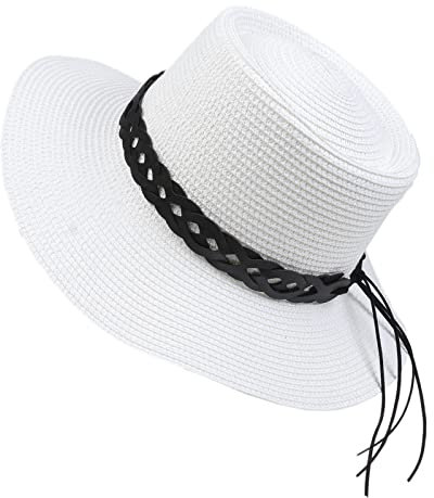 NiceYnn Sonnenhut Sommer Strohhut Elegant Konkave Krone Top Kirche Hochzeit Bootsfahrer Sonnenhut Strand Zopf UPF50+ 20er Jahre Faltbare Kappe für Damen Herren, F schwarzes Band & Weiß, Einheitsgröße
