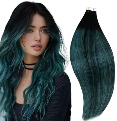 RUNATURE Tape Extensions Echthaar Schwarz Ombre Grün Echte Haare 30cm Extensions Echthaar Tape Schwarz Ombre Teal Balayage 20 Stück Tape in Extensions Echthaar 30g #1b/Teal