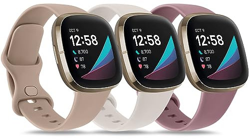 Wanme 3 Stück Silikon Ersatzarmband für Fitbit Versa 3/4, Sense/Sense 2, Modern, Unisex, Sternenlicht+Milchtee Farbe+Rauchviolett, S