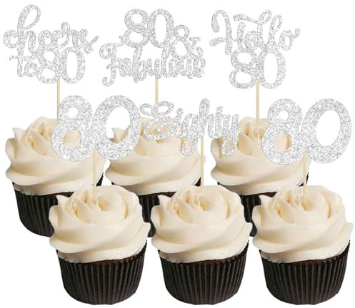 30Pcs Happy 80th Birthday Cupcake Toppers Eighty Cheers to 80 Years Old Birthday Cupcake Picks for Happy 80th Birthday Anniversary Party Cake Decorations Silver Glitter