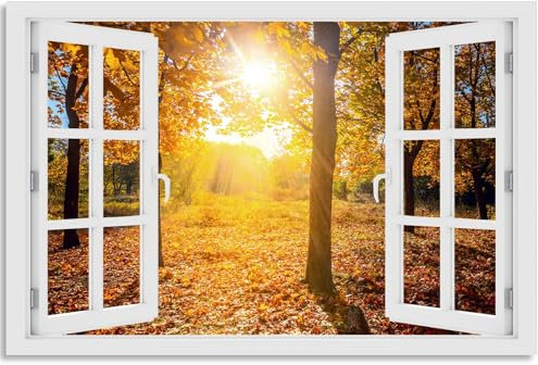 timalo Wandbild Outdoor wetterfeste Bilder für draußen | Gartenbilder Innen & Außen | Landschaftsbilder Acryl Glas Fensterblick Effekt | 100x50cm Wald Herbst Blätter